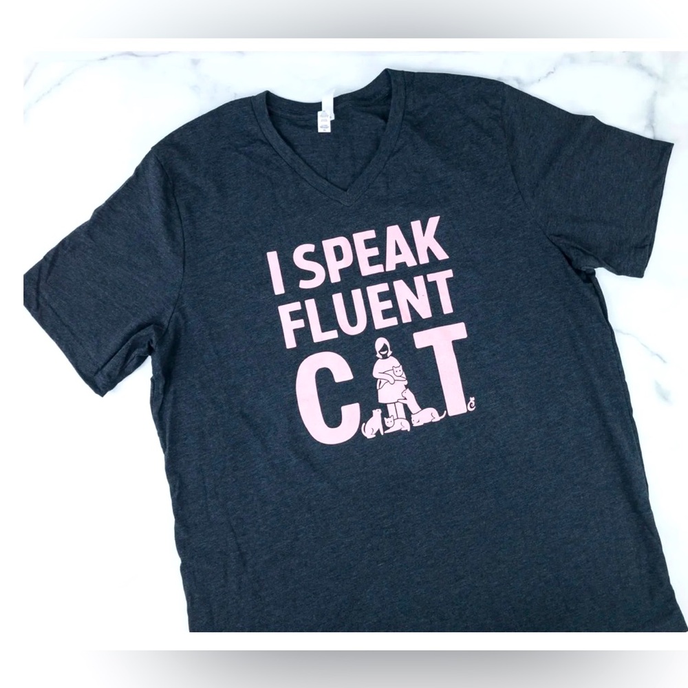 Cat Lady Box Sept 2019 I Speak Fluent Cat Grey T-shirt pink screen print size L